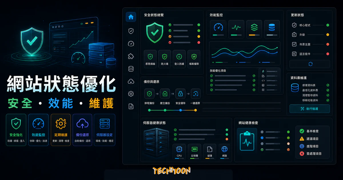 【網站狀態】7 個提升 WordPress 安全性與網站性能的小技巧 2 WordPress 網站健康檢查的 TechMoon 精選圖片,呈現安全性與效能檢查、SSL、PHP 版本、外掛更新與資料庫狀態。