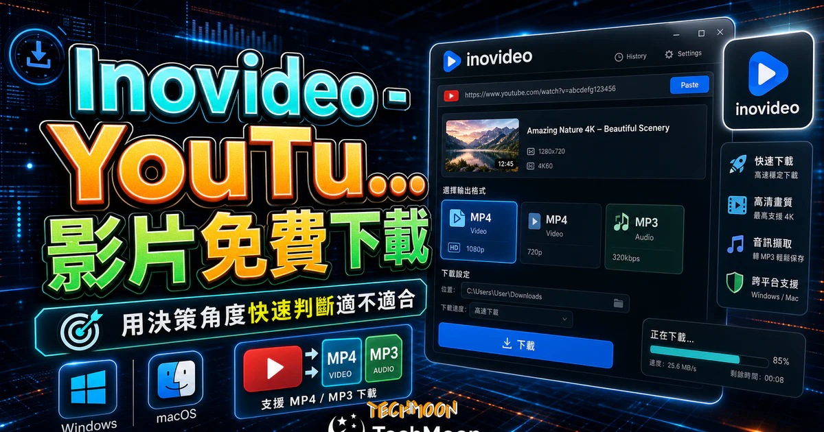 Inovideo - YouTube 影片免費下載 MP4/MP3，支援 Windows/Mac 雙平台快速下載 YouTube 影片的 TechMoon 精選圖片，呈現Inovideo相關介面、重點標題與科技感背景。