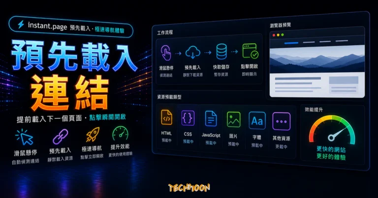 instant.page - 預先加載超連結頁面，加快網站載入速度並提升頁面轉化率的 TechMoon 精選圖片，呈現預先載入連結主題、相關介面與科技感背景。