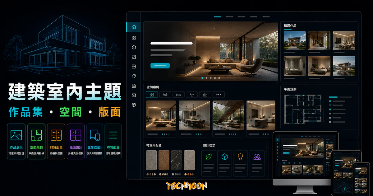 【WordPress 付費主題免費下載】Inteshape - Architecture and Interior WordPress Theme的 TechMoon 精選圖片，呈現Wordpress相關介面、重點標題與科技感背景。