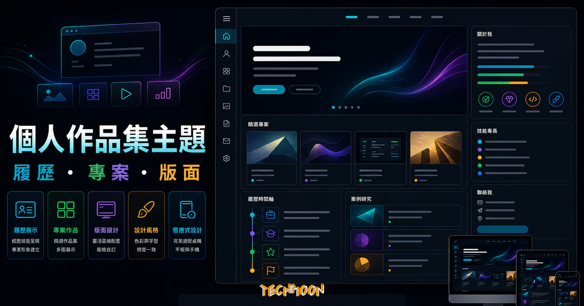 Intrinsic 個人作品集 WordPress 主題的 TechMoon 精選圖片，呈現作品集首頁、攝影格狀版面、版型設定、明暗風格切換與響應式預覽。