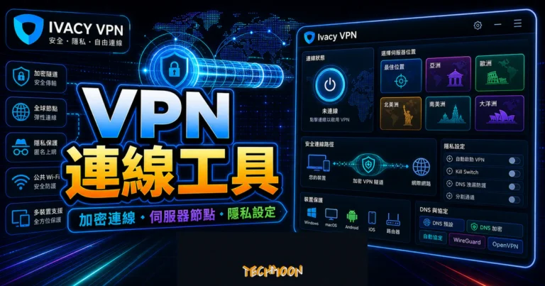Ivacy VPN 是什麼?平價 VPN 評價、Netflix 跨區實測與購買教學(2026) 2 Ivacy VPN 的 TechMoon 精選圖片,呈現加密連線、伺服器節點、裝置保護與隱私設定流程。
