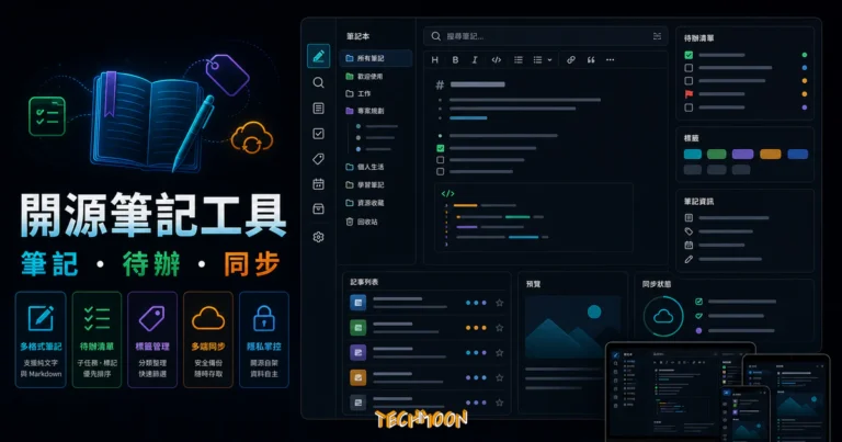 Joplin 教學:筆記、同步、E2EE 與備份 2 Joplin - 替代 Evernote、Notion 的開源代辦筆記本程式的 TechMoon 精選圖片,呈現Joplin相關介面、重點標題與科技感背景。