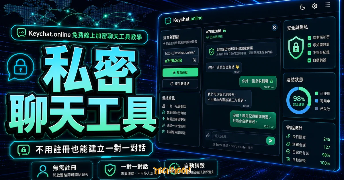 Keychat.online 免費線上加密聊天工具教學：無需註冊、設定密碼、一對一私密對話的 TechMoon 精選圖片，呈現私密聊天工具、主題介面與重點資訊。