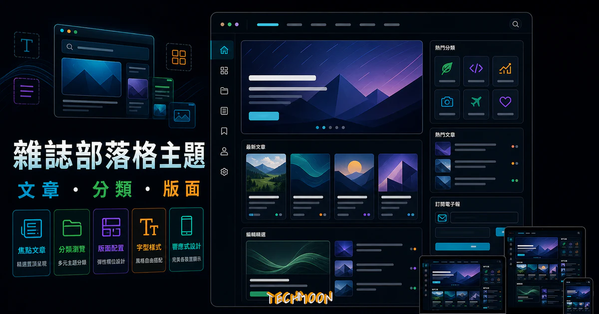 【WordPress 付費主題免費下載】Keylin - WordPress Magazine and Blog Theme的 TechMoon 精選圖片，呈現Wordpress相關介面、重點標題與科技感背景。