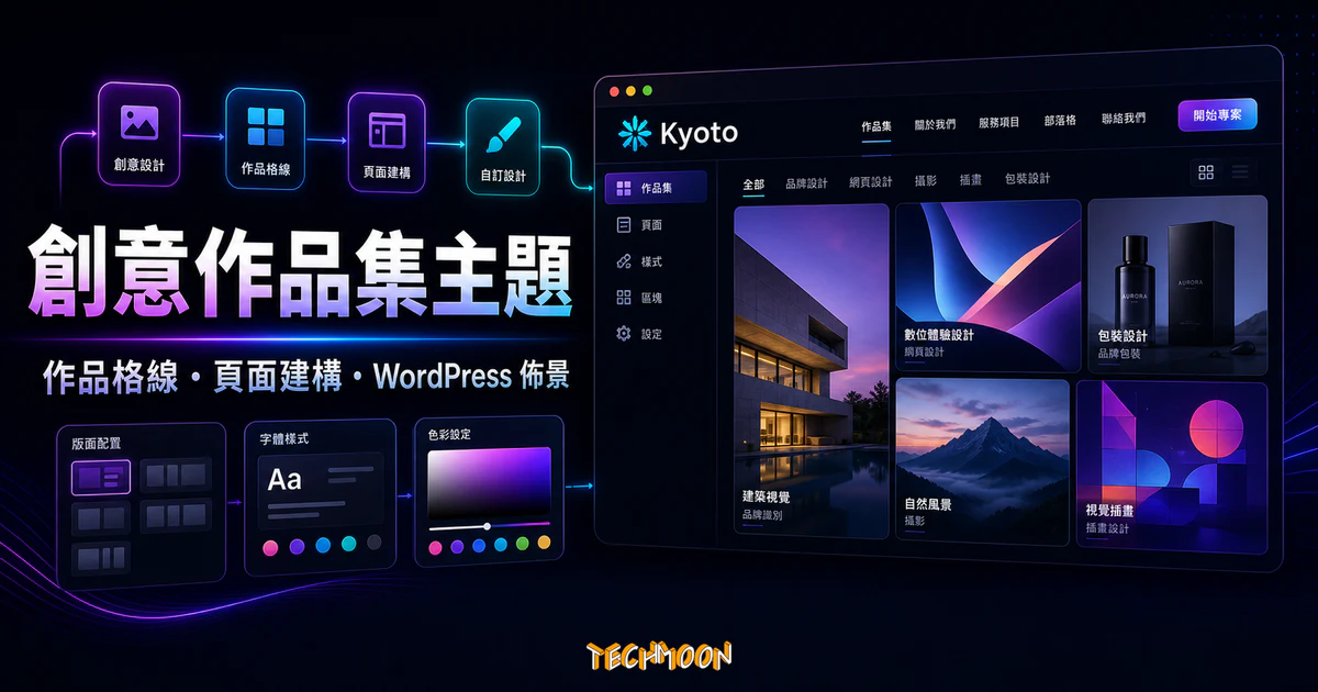 Kyoto Innovative Portfolio Theme 的 TechMoon 精選圖片，呈現創意作品集、作品格線、頁面建構與 WordPress 佈景設定情境。