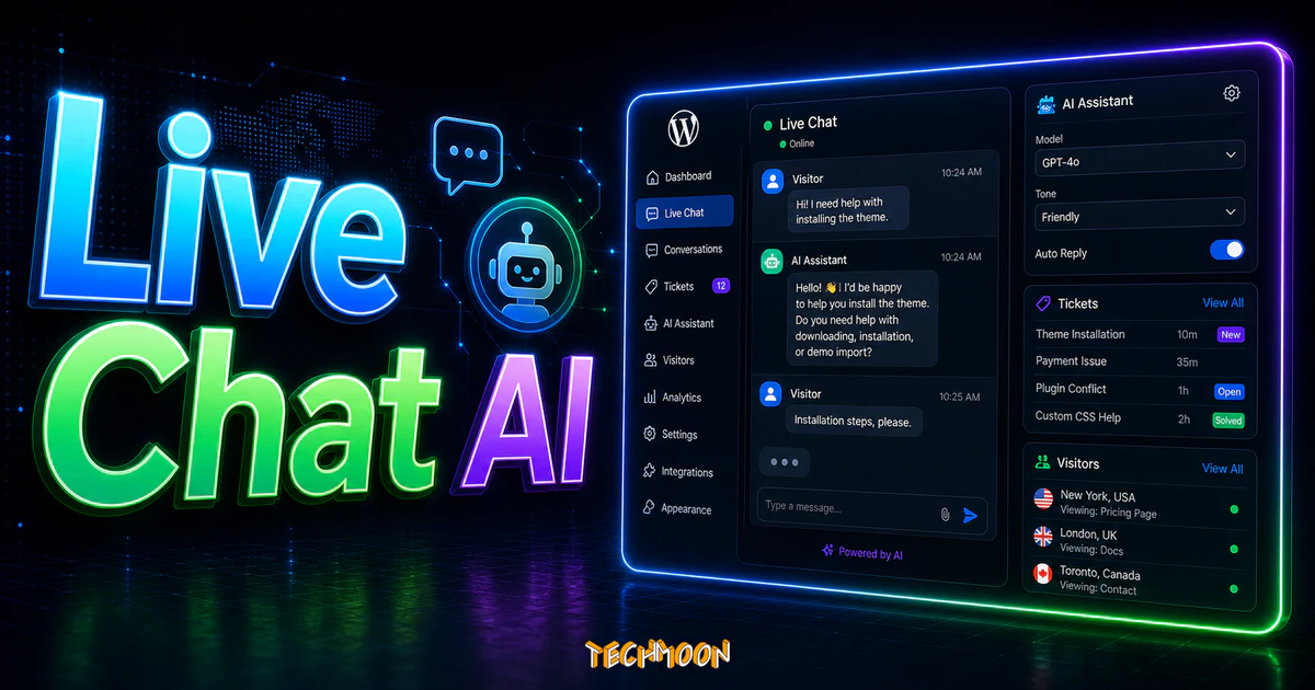 【WordPress 付費外掛免費下載】Live Chat - Support-Chat for WordPress with AI的 TechMoon 精選圖片，呈現Live Chat AI主題、相關介面與科技感背景。