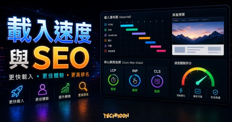 網站頁面載入速度對於 Google SEO 排名的影響的 TechMoon 精選圖片，呈現載入速度與 SEO主題、相關介面與科技感背景。