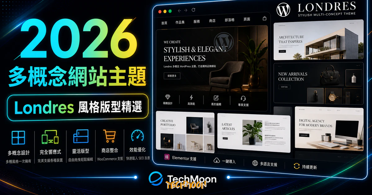 【WordPress 付費主題免費下載】Londres - Stylish Multi-Concept WordPress Theme的 TechMoon 精選圖片，呈現Wordpress相關介面、重點標題與科技感背景。