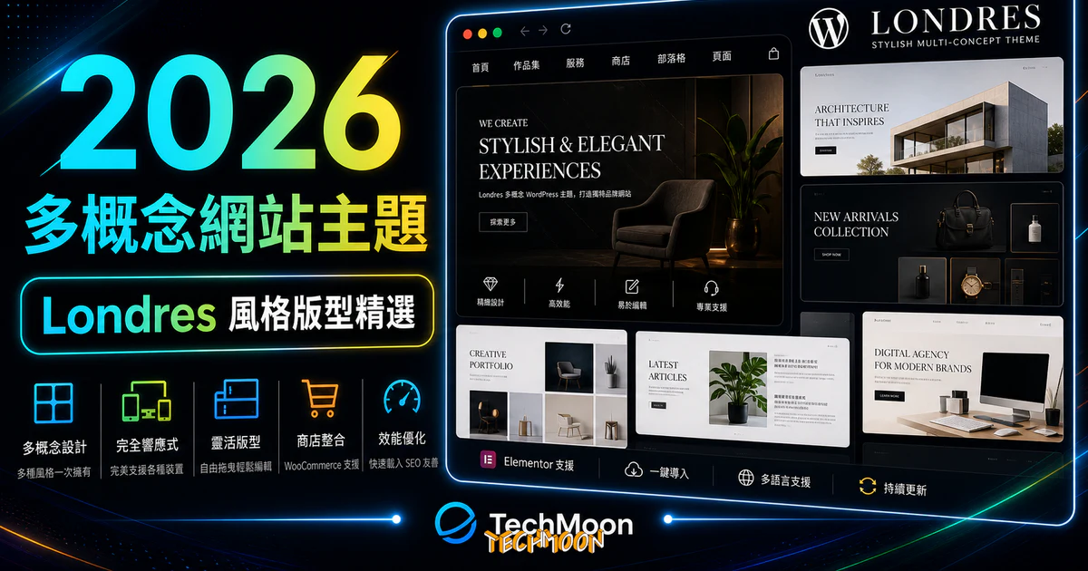 【WordPress 付費主題免費下載】Londres - Stylish Multi-Concept WordPress Theme的 TechMoon 精選圖片，呈現Wordpress相關介面、重點標題與科技感背景。