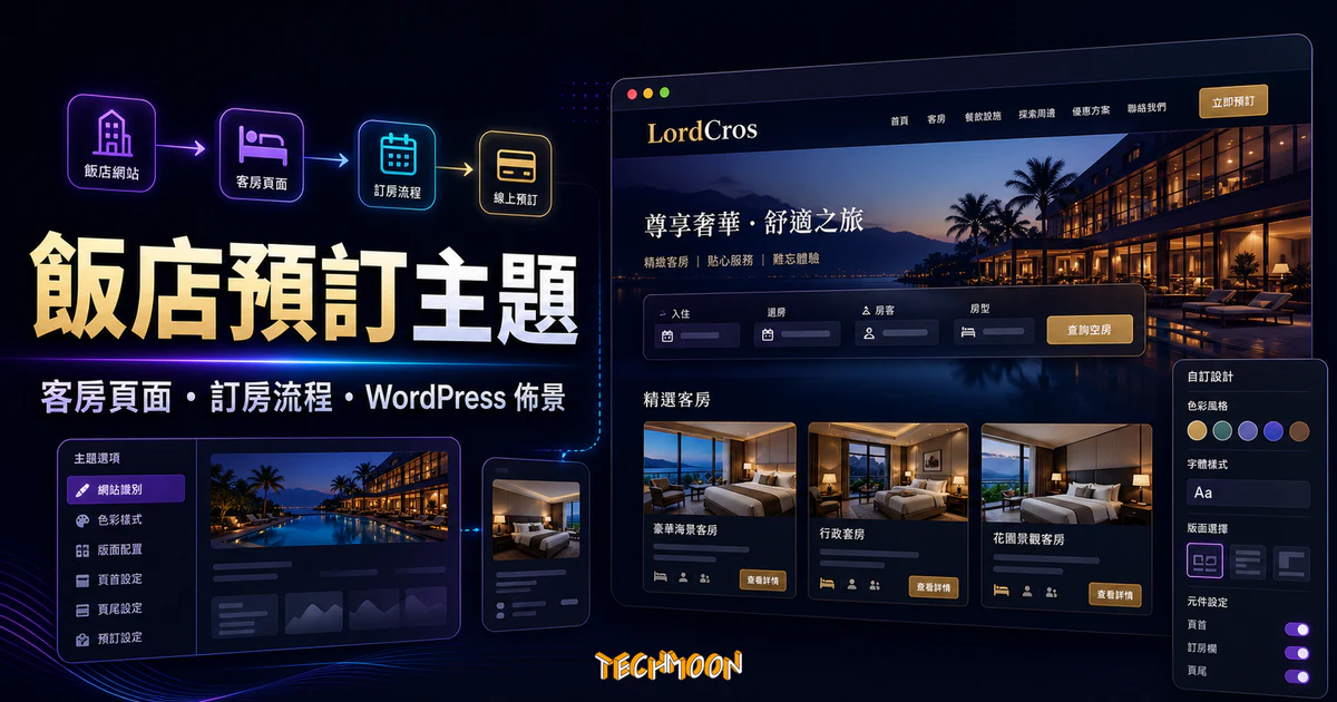 LordCros Hotel Booking WordPress Theme 的 TechMoon 精選圖片，呈現飯店網站、客房頁面、訂房流程與 WordPress 佈景設定情境。