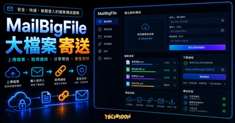 MailBigFile 線上檔案分享工具，透過 Email 傳送檔案給對方下載的 TechMoon 精選圖片，呈現大檔案寄送主題、相關介面與科技感背景。