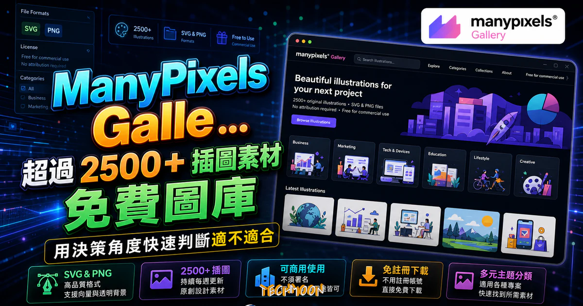 ManyPixels Gallery - 超過 2500+ 插圖素材免費圖庫，提供 SVG 與 PNG 檔案不須署名即可用於商業用途的 TechMoon 精選圖片，呈現ManyPixels Gallery相關介面、重點標題與科技感背景。