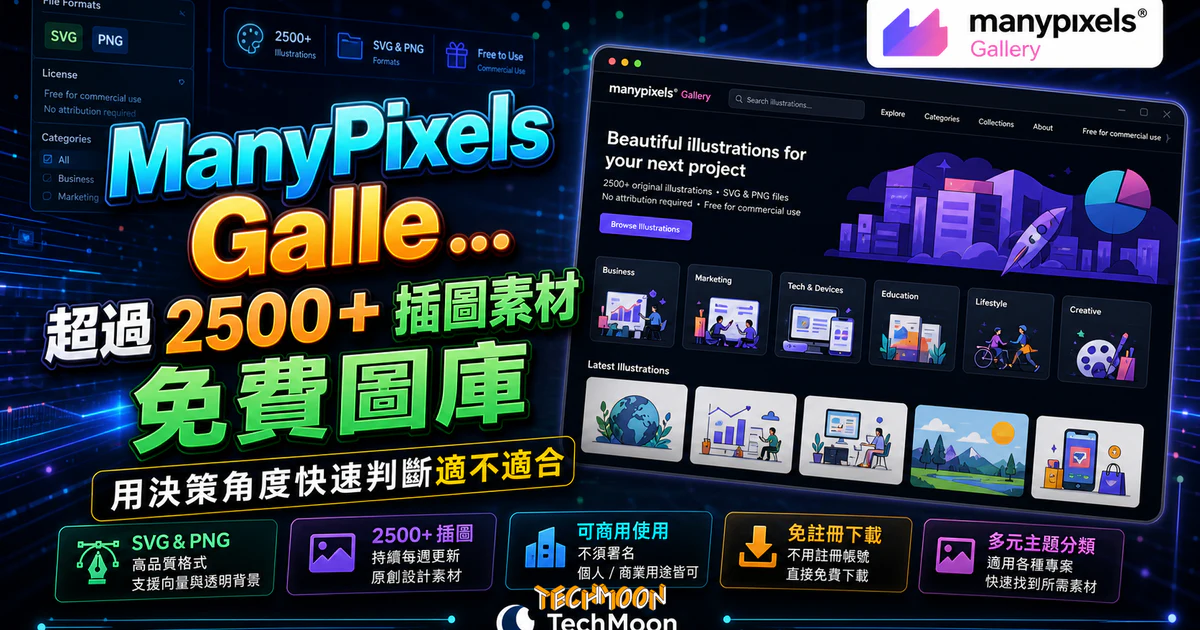 ManyPixels Gallery - 超過 2500+ 插圖素材免費圖庫，提供 SVG 與 PNG 檔案不須署名即可用於商業用途的 TechMoon 精選圖片，呈現ManyPixels Gallery相關介面、重點標題與科技感背景。