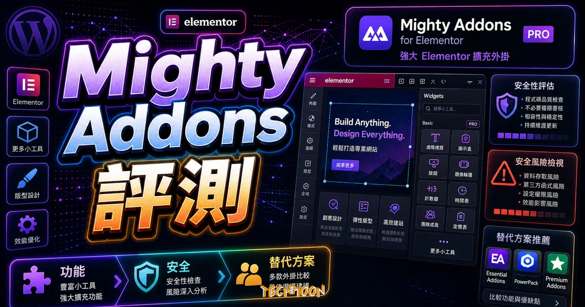 Mighty Addons for Elementor 完整評測：免費與 Pro 功能解析、安全性問題、替代方案推薦的 TechMoon 精選圖片，畫面呈現Mighty Addons for Elementor 評測、功能、安全性與替代方案。