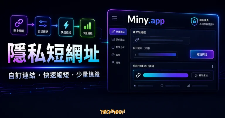 Miny.app - 免費線上縮短網址服務,高度注重隱私與免費自定義 URL! 1 Miny.app 的 TechMoon 精選圖片,呈現隱私短網址、自訂連結、快速縮短與少量追蹤的短連結管理流程。