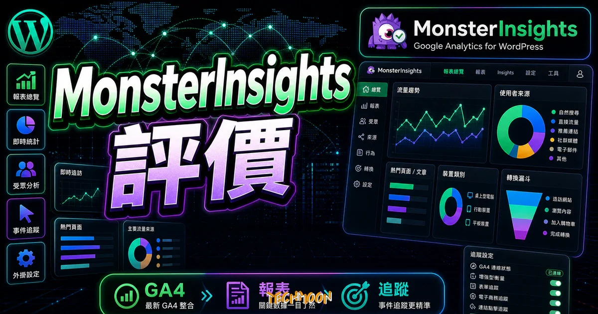 MonsterInsights 評價：WordPress 最佳 Google Analytics 外掛完整教學與分析的 TechMoon 精選圖片，畫面呈現MonsterInsights WordPress 分析外掛、GA4 報表與追蹤設定。