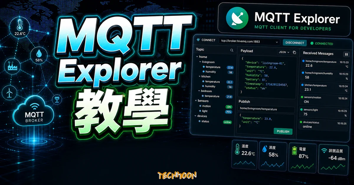MQTT Explorer 完整教學：物聯網開發者的 MQTT 客戶端管理工具的精選圖片，畫面呈現MQTT Explorer 客戶端、Topic 管理、Broker 與 Payload 檢視。