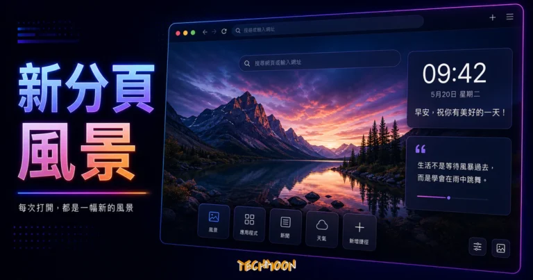 Muetab - 開啟新分頁隨機顯示風景圖、引言與時間、問候語的 Chrome 擴充功能 4 Muetab - 開啟新分頁隨機顯示風景圖、引言與時間、問候語的 Chrome 擴充功能的 TechMoon 精選圖片,呈現Muetab相關介面、重點標題與科技感背景。