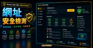 Norton Safe Web 線上免費檢測網址安全性，保護你的網站免受病毒侵害的 TechMoon 精選圖片，呈現網址安全檢測主題、相關介面與科技感背景。