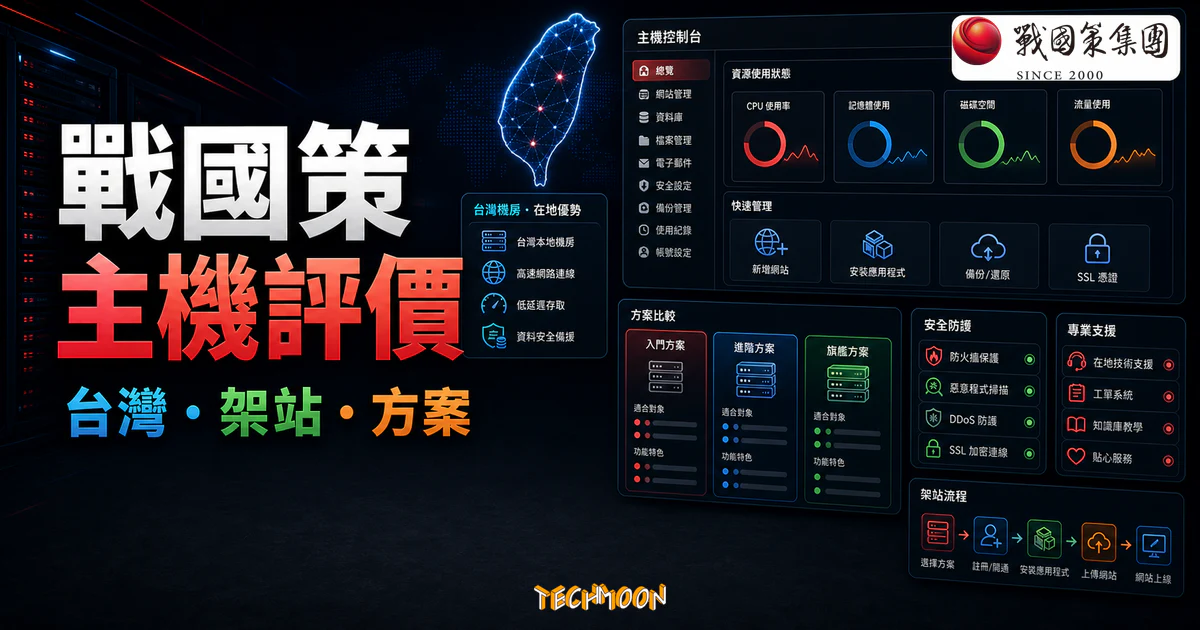 戰國策虛擬主機評價的 TechMoon 精選圖片，呈現台灣主機、架站方案與控制面板比較。