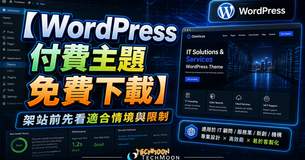 【WordPress 付費主題免費下載】Omnivus - IT Solutions & Services WordPress Theme的 TechMoon 精選圖片，呈現Wordpress相關介面、重點標題與科技感背景。