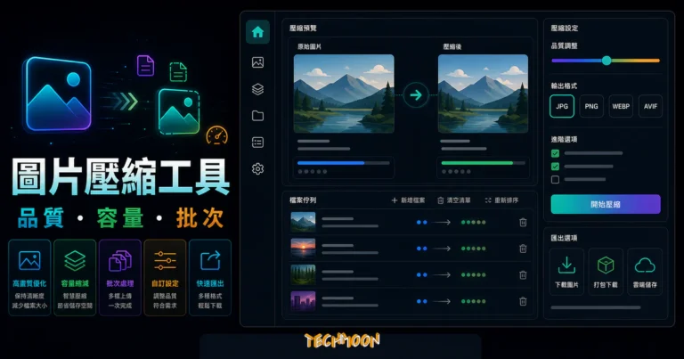 Optimizilla 圖片壓縮:格式、品質與隱私 3 Optimizilla - 免費線上圖片壓縮服務,一次可同時上傳 20 張圖片並個別進行品質設定的 TechMoon 精選圖片,呈現image compression tool相關介面、重點標題與科技感背景。