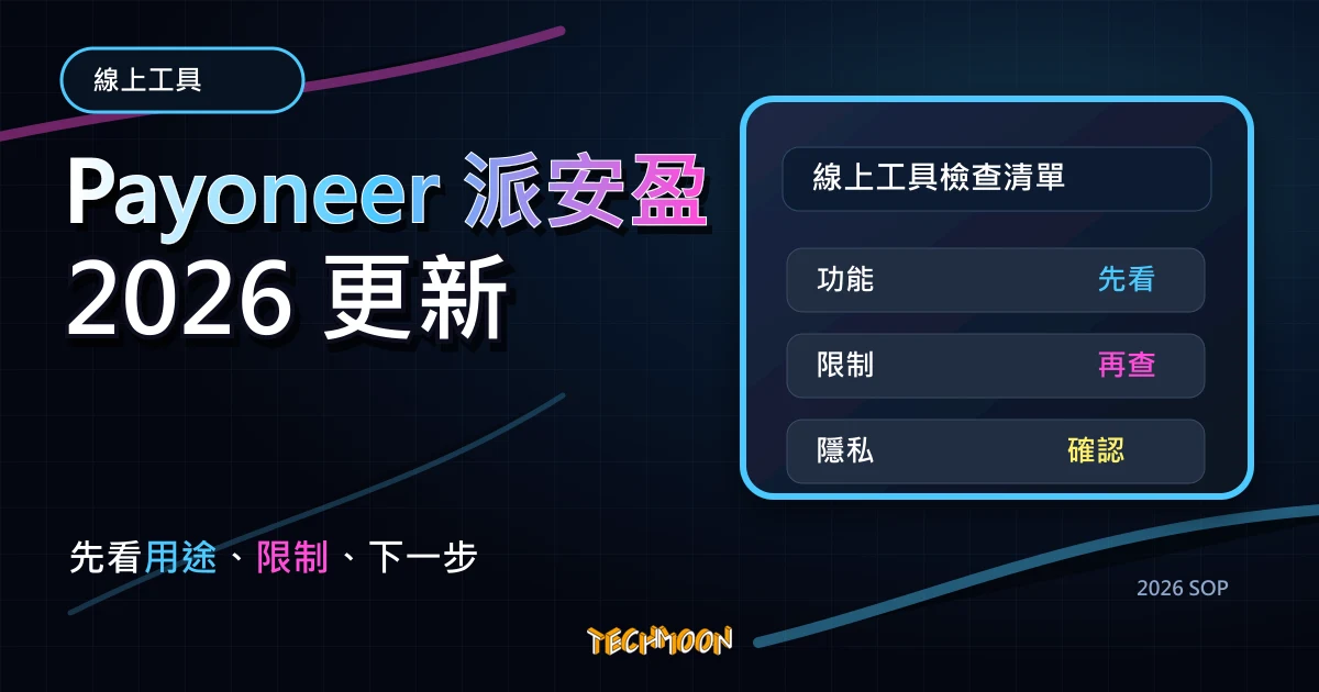 Payoneer 派安盈 - 海外/網路收款 1.2% 手續費比 PayPal 還低，額外 $25 美元獎勵免費註冊圖文教學，TechMoon 2026 新版 SOP 精選圖片