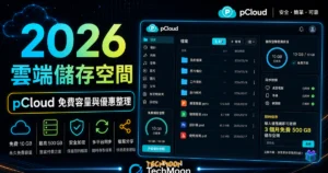 pCloud - 免費 10 GB 雲端空間，輸入限時優惠碼即可取得 3 個月免費 500 GB 儲存空間的 TechMoon 精選圖片，呈現Cloud相關介面、重點標題與科技感背景。