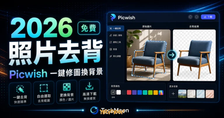 Picwish - 線上免費照片去背工具軟體，免費一鍵自動快速去背，可自由選取去背範圍與更改背景顏色的 TechMoon 精選圖片，呈現Picwish相關介面、重點標題與科技感背景。