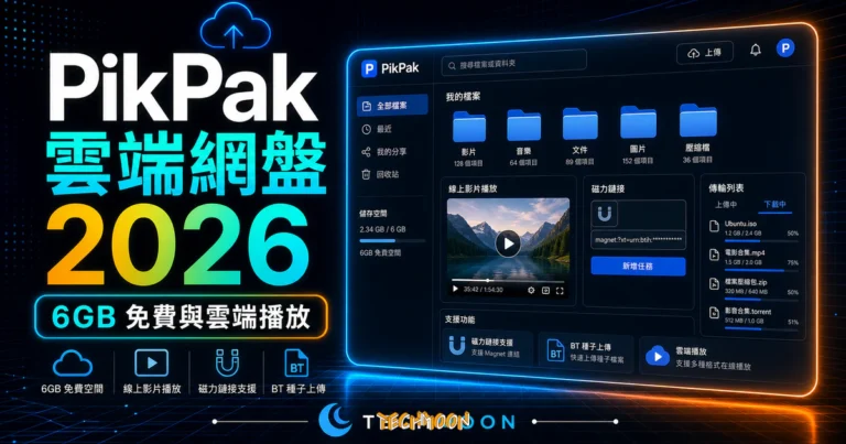 PikPak 免費資源下載教學:磁力、BT 與分享連結轉存 6 PikPak - 新加坡免費雲端網盤服務,免費 6 GB 空間可支援線上影片播放、磁力鏈接與 BT 種子上傳檔案的 TechMoon 精選圖片,呈現PikPak相關介面、重點標題與科技感背景。