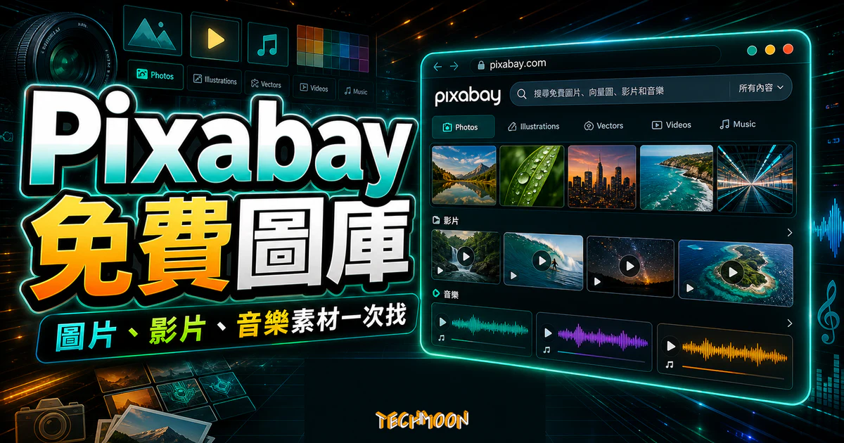 Pixabay 免費圖庫的 TechMoon 精選圖片，呈現圖片、影片與音樂素材搜尋介面和素材分類重點。