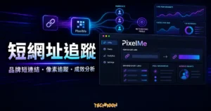 PixelMe 的 TechMoon 精選圖片，呈現品牌短連結、像素追蹤、再行銷與成效分析流程。