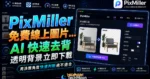 PixMiller 免費線上圖片消除背景新選擇，透過 AI 快速去背並下載透明背景圖片的 TechMoon 精選圖片，呈現PixMiller相關介面、重點標題與科技感背景。