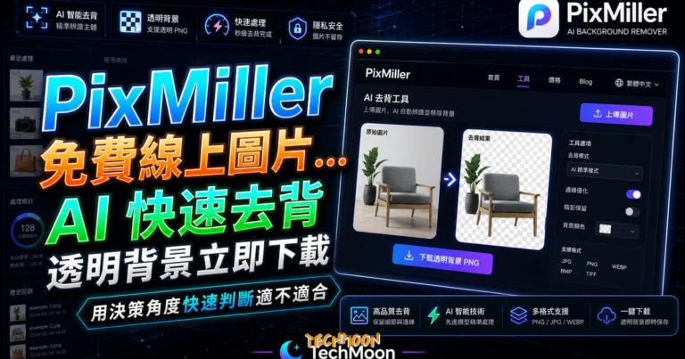 PixMiller 免費線上圖片消除背景新選擇,透過 AI 快速去背並下載透明背景圖片 10 PixMiller 免費線上圖片消除背景新選擇,透過 AI 快速去背並下載透明背景圖片的 TechMoon 精選圖片,呈現PixMiller相關介面、重點標題與科技感背景。