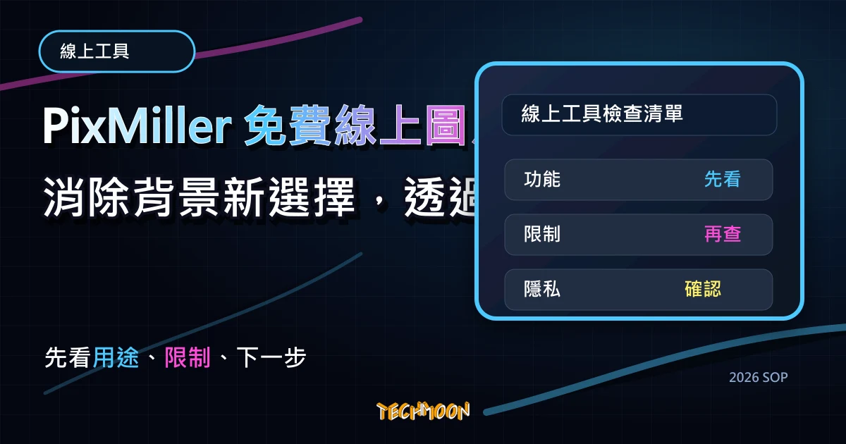 PixMiller 免費線上圖片消除背景新選擇，透過 AI 快速去背並下載透明背景圖片，TechMoon 2026 新版 SOP 精選圖片