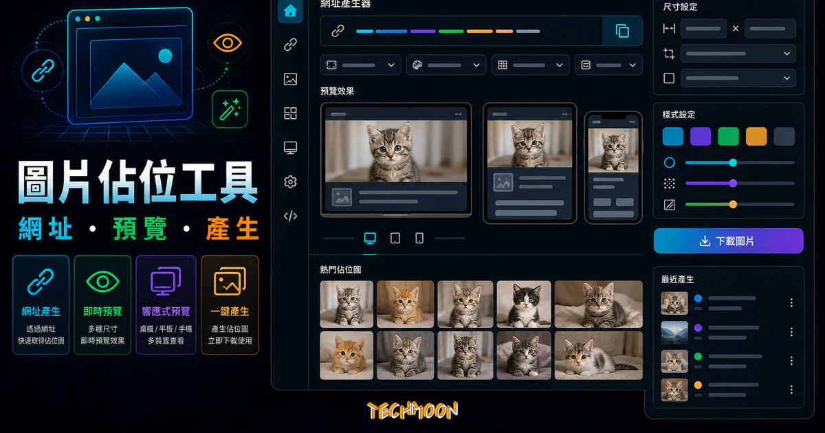 Placekitten - 免費產生小貓圖片線上圖庫，以網址輸入長寬數字即可產生相對應解析度小貓圖片的 TechMoon 精選圖片，呈現placeholder image generator相關介面、重點標題與科技感背景。