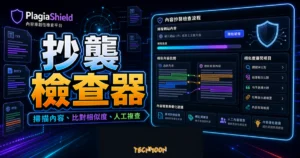 PlagiaShield 的 TechMoon 精選圖片，呈現內容掃描、相似度比對、文件片段與人工複查流程。