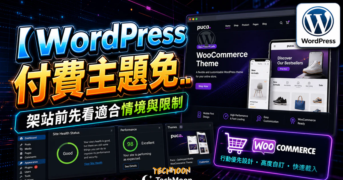 【WordPress 付費主題免費下載】Puca - Optimized Mobile WooCommerce Theme的 TechMoon 精選圖片，呈現Wordpress相關介面、重點標題與科技感背景。