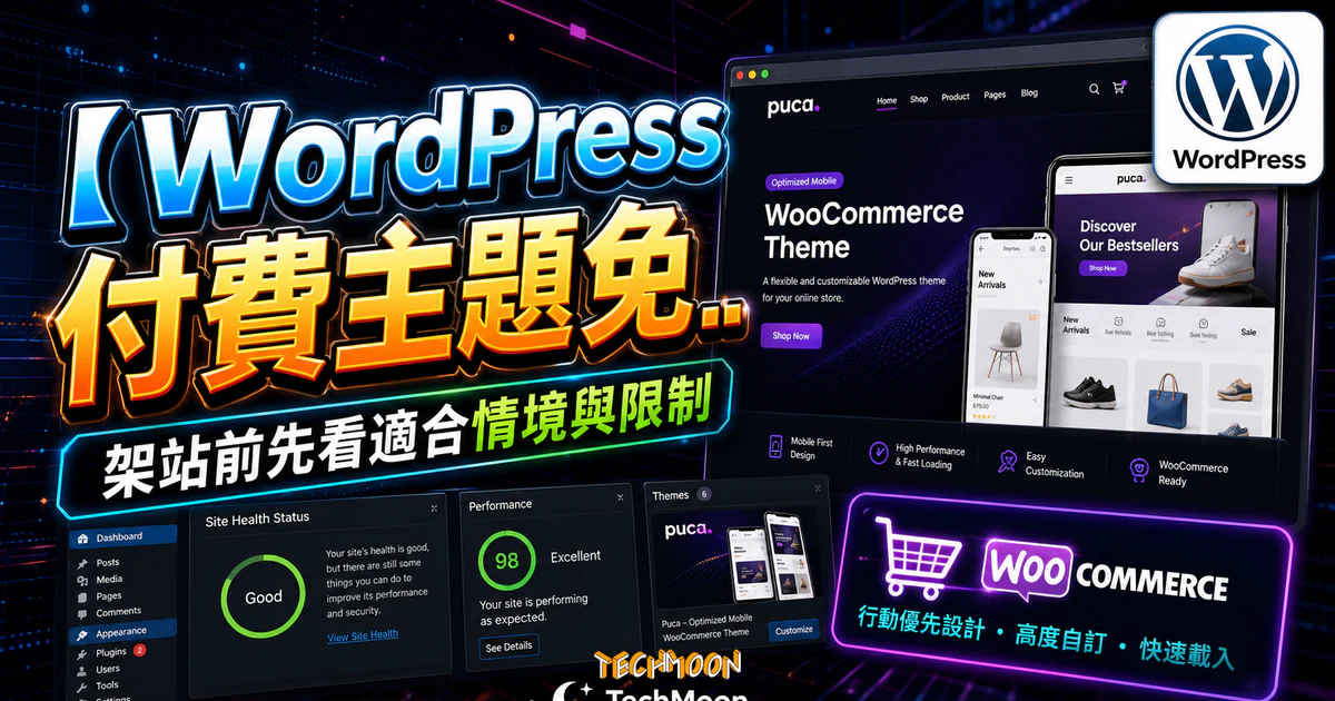 【WordPress 付費主題免費下載】Puca - Optimized Mobile WooCommerce Theme的 TechMoon 精選圖片，呈現Wordpress相關介面、重點標題與科技感背景。