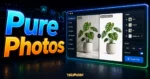 Pure Photos - 線上圖片免費去背工具，每月免費 100 張去背額度，可導出 PSD 圖層與提供大量免費範本的 TechMoon 精選圖片，呈現Pure Photos相關介面、重點標題與科技感背景。