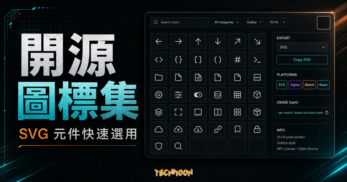 Radix Icons - 15x15 開源圖標 Icons 免費下載，支援 Sketch、Figma 與 SVG 檔案格式的 TechMoon 精選圖片，呈現Radix Icons相關介面、重點標題與科技感背景。