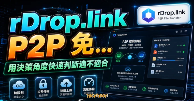 rDrop.link P2P 免費雲端檔案傳輸服務,無限制、不壓縮檔案大小,可持續上傳檔案與接收下載 6 rDrop.link P2P 免費雲端檔案傳輸服務,無限制、不壓縮檔案大小,可持續上傳檔案與接收下載的 TechMoon 精選圖片,呈現Drop.link P2P相關介面、重點標題與科技感背景。