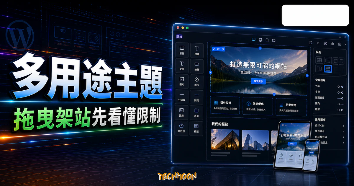 【WordPress 付費主題免費下載】Regn | Multi-Purpose WordPress Theme的 TechMoon 精選圖片，呈現Wordpress相關介面、重點標題與科技感背景。