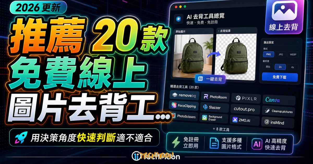 2023 推薦 20 款免費線上圖片去背工具，免註冊即可透過 AI 快速一鍵快速去除照片背景的 TechMoon 精選圖片，呈現article-specific tool or topic相關介面、重點標題與科技感背景。