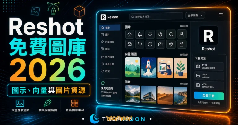 Reshot 已退役:舊素材授權與替代圖示平台 5 Reshot - 免費可商用線上圖庫,提供大量免費圖示、免費向量插圖與免費圖片,不須署名即可免費使用並修改編輯的 TechMoon 精選圖片,呈現Reshot相關介面、重點標題與科技感背景。