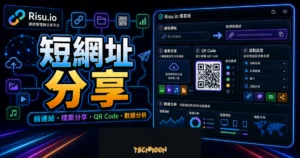 Risu.io 的 TechMoon 精選圖片，呈現縮短連結、檔案分享、QR Code 與數據分析流程。