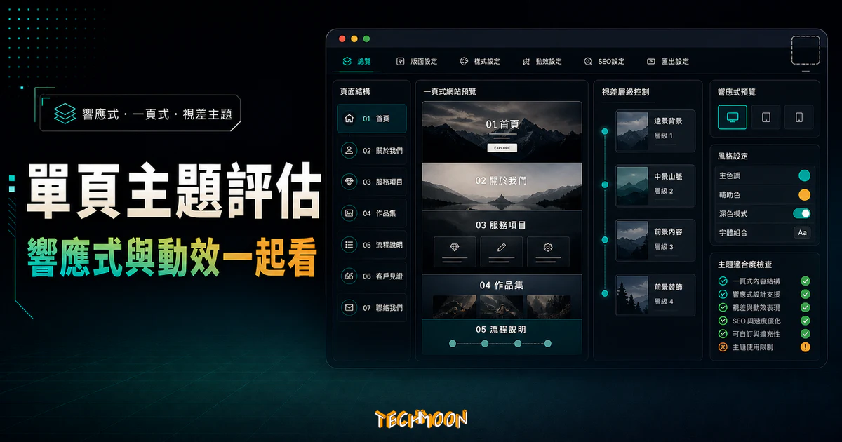 【WordPress 付費主題免費下載】Royal - Responsive One Page Parallax WordPress Theme的 TechMoon 精選圖片，呈現Wordpress相關介面、重點標題與科技感背景。