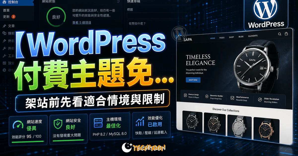 【WordPress 付費主題免費下載】Sapa - Product Landing Page WooCommerce Theme的 TechMoon 精選圖片，呈現Wordpress相關介面、重點標題與科技感背景。