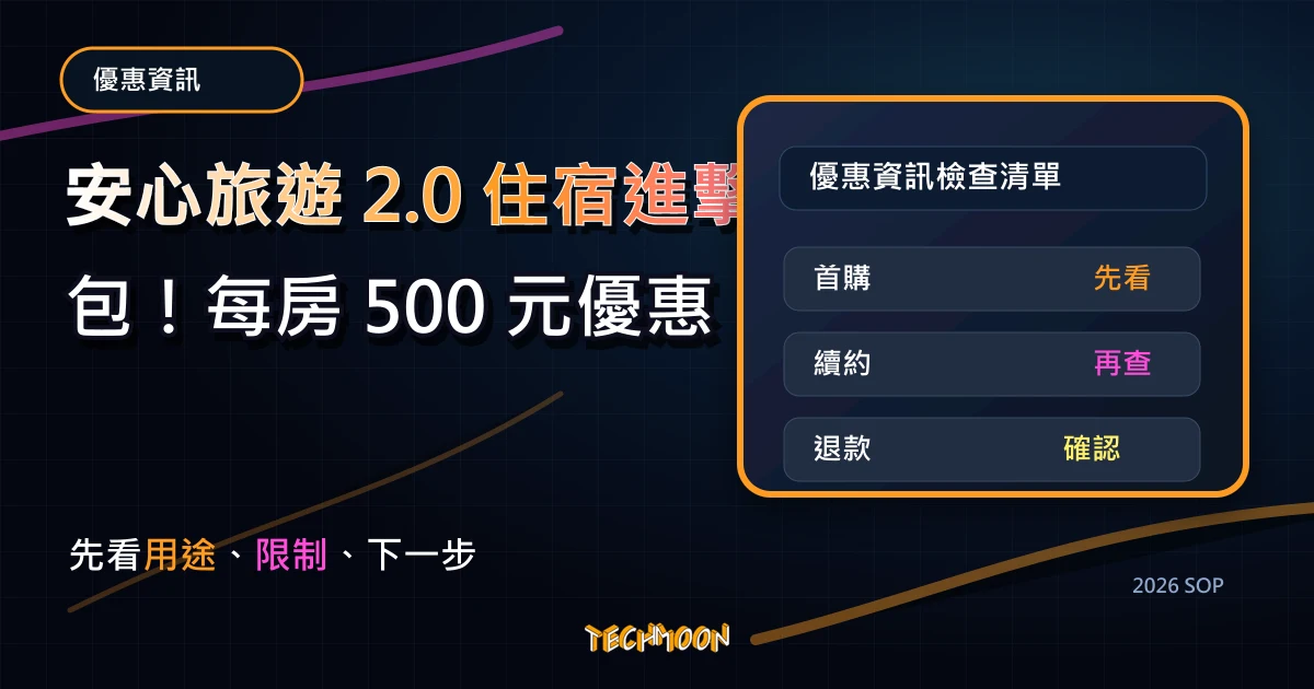 安心旅遊 2.0 住宿進擊券懶人包！每房 500 元優惠「無限制使用次數」！，TechMoon 2026 新版 SOP 精選圖片